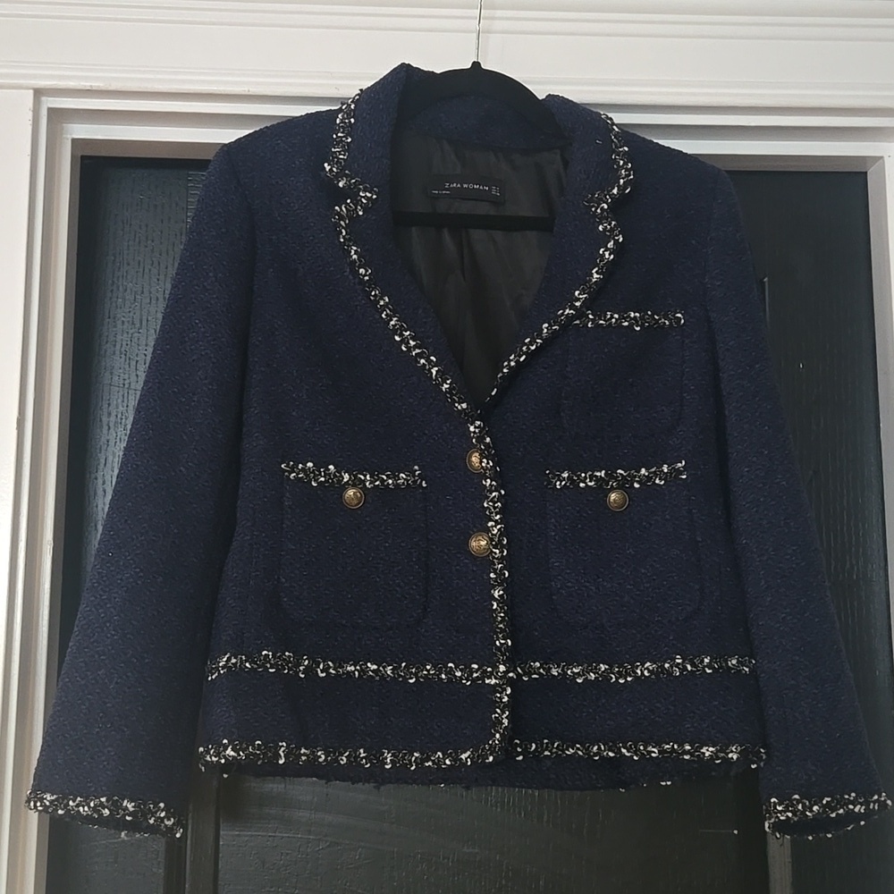 Zara Woman Navy Blue Tweed Boucle Blazer Lady Jacket Size Medium - Picture 3 of 13